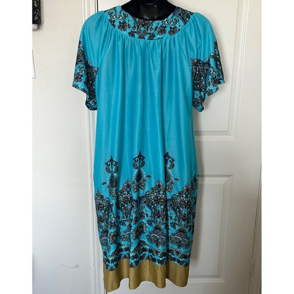 Anthony Richards Plus Size 2X Turquoise & Gold Paisley Dress With Short Sleeves - Picture 3 of 6